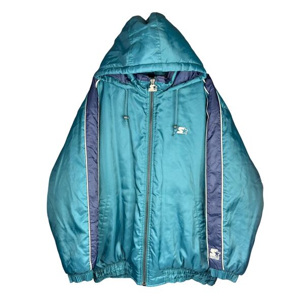 VINTAGE STARTER 90's Streetwear Oversized Hooded Puffer Teal & Navy Full Zip - Picture 2 of 15